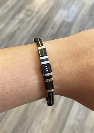 Erkek Üç Taş Detay Deri Bileklik