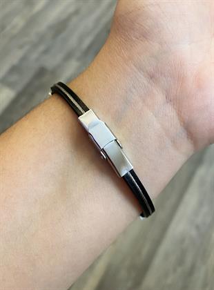 Erkek Üç Taş Detay Deri Bileklik