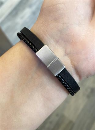 Erkek Yıldız Detay İkili Deri Bileklik 