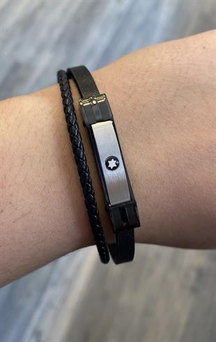 Erkek Yıldız Detay İkili Deri Bileklik 