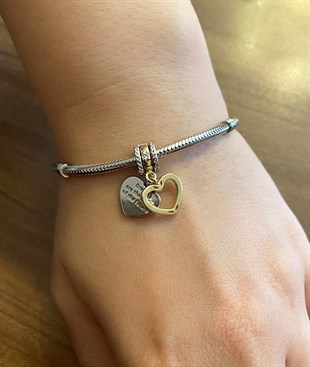 Gümüş Çift Kalp Gold Detay Charm