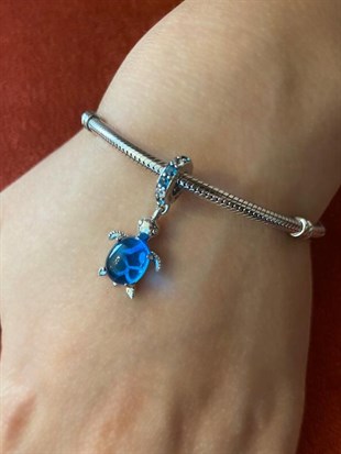 Gümüş Mavi Taş Detay Kaplumbağa Model Sallantılı Charm