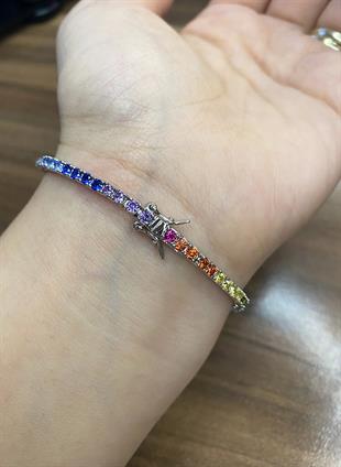 Kadın 2 mm Gökkuşağı Model Gümüş Suyolu Bileklik