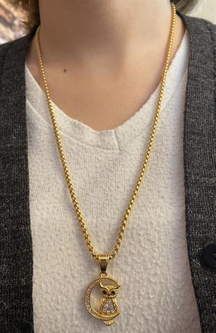 Kadın Ay Üstünde Baykuş Temalı Çelik Kolye