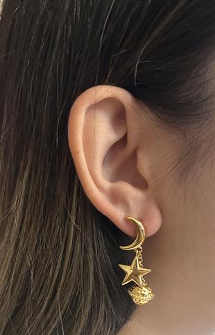 Kadın Ay ve Yıldız Detay Sallantılı Çelik Küpe