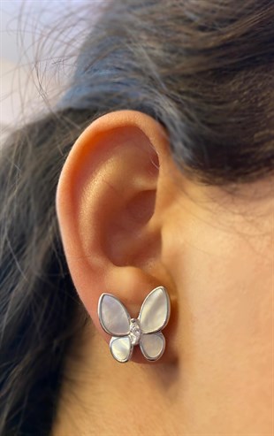 Kadın Beyaz Renk Kelebek Model Gümüş Küpe