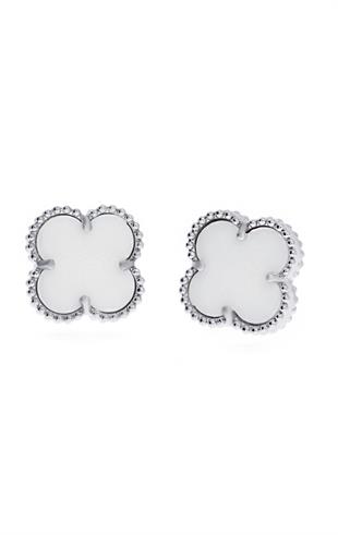 Kadın Beyaz Yonca Model Büyük Çelik Küpe