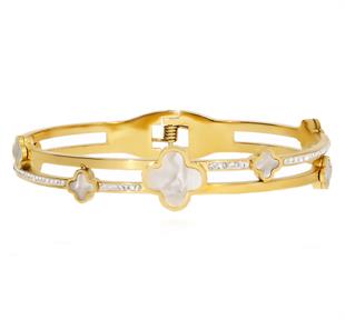 Kadın Beyaz Yonca ve Taş Model Çelik Bilezik