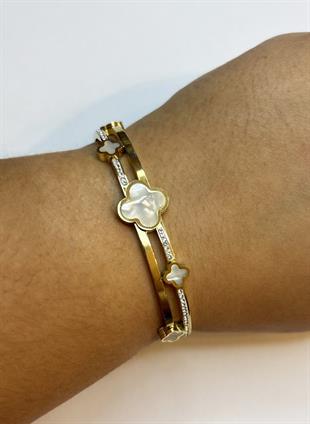 Kadın Beyaz Yonca ve Taş Model Çelik Bilezik