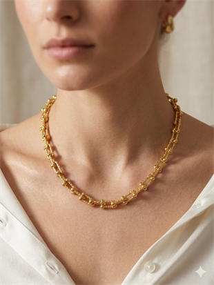 Kadın Birbirine Geçmeli Model Kendinden Desenli Gold Renk Çelik Kolye