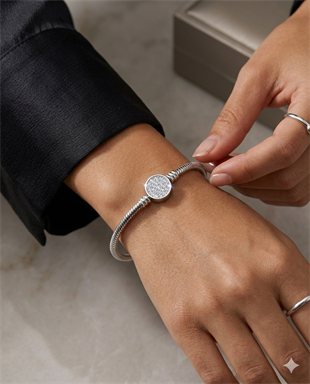 Kadın Charm İçin Uygun Yuvarlak Taşlı Model Çelik Bileklik