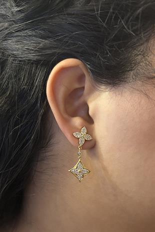 Kadın Çiçek Model Sallantılı Gold Renk Çelik Küpe 