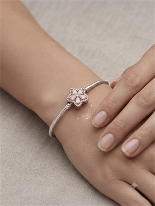 Kadın Çiçek Model Taşlı Rose Renk Gümüş Charm