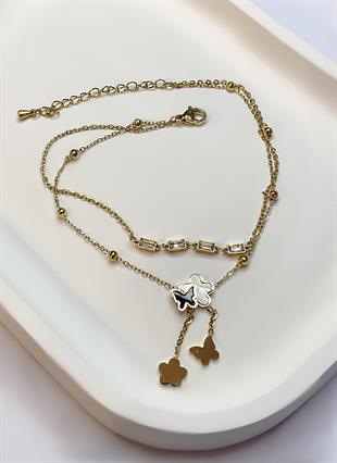 Kadın Çiçek ve Kelebek Detay Taşlı Çelik Halhal