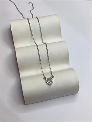 Kadın Etrafı Taş Çevrili Kalp Model Gümüş Kolye