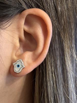 Kadın Fatma Eli Model Taşlı Gümüş Küpe