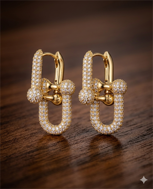 Kadın Full Taşlı Gold Renk Birbirine Geçmeli Çelik Küpe