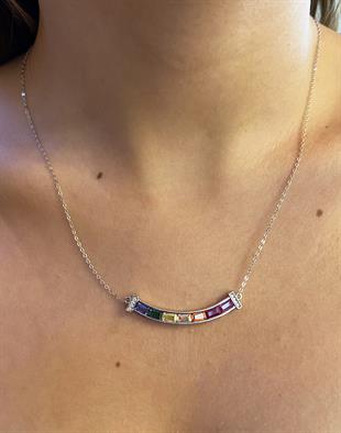 Kadın Gökkuşağı Renkli Model Gümüş Kolye