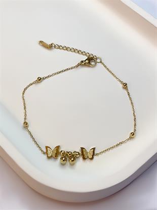 Kadın Gold Renk Kelebekler ve Sallanan Toplar Detay Çelik Halhal