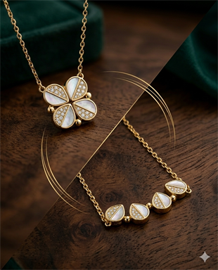 Kadın Gold Renk Tasarım Model Taşlı Gümüş Kolye 