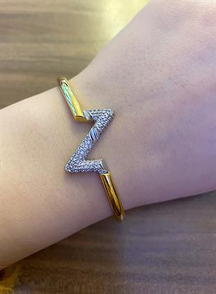 Kadın Gold Renk Taşlı Zikzak Model Çelik Bilezik 