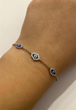 Kadın Göz ve Fatma Ana Eli Model Nazar Boncuğu Gümüş Bileklik