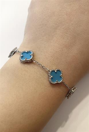 Kadın Gümüş Renk Mavi Yonca Model Çelik Bileklik 