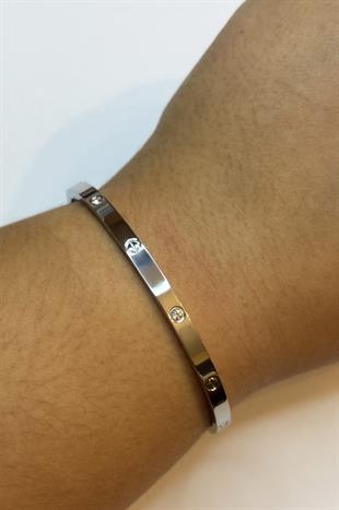 Kadın Gümüş Renk Şans Model Taşlı Çelik Bilezik 