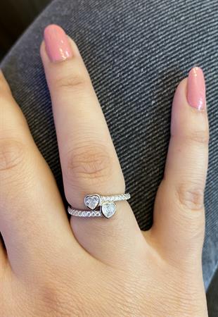 Kadın İkili Kalp Model Gümüş Yüzük