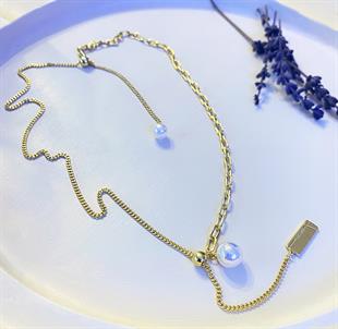 Kadın İnci Detay Gold Renk Ayarlanabilir Çelik Kolye