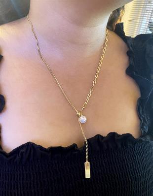 Kadın İnci Detay Gold Renk Ayarlanabilir Çelik Kolye