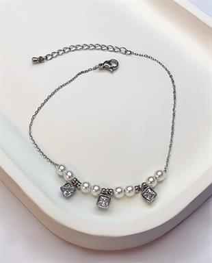 Kadın İnci Detay Kare Taşlı Çelik Halhal