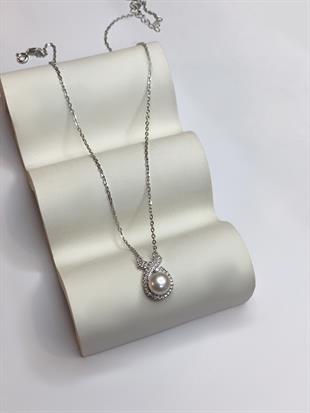 Kadın İnci Detay Taşlı Gümüş Kolye