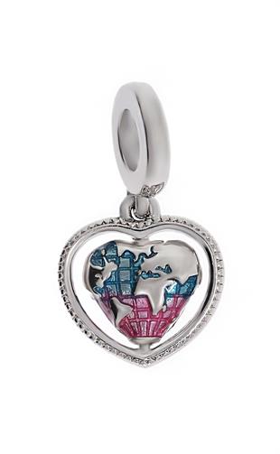 Kadın  Ailem Arkadaşlarım Benim Dünyam Yazılı Kalbin İçinde Renkli Dünya Model Gümüş Charm