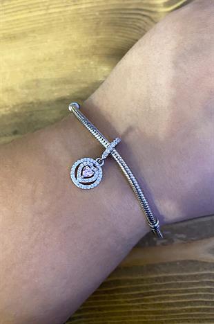 Kadın Kalp Detay Taşlı Sallantılı Gümüş Charm 