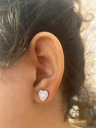 Kadın Kalp Model Baget Detay Gümüş Küpe