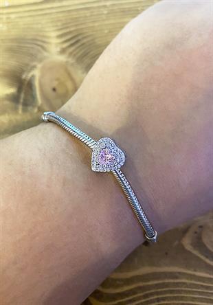 Kadın Kalp Model İki Sıra Taş ve Pembe Taş Detay Gümüş Charm 