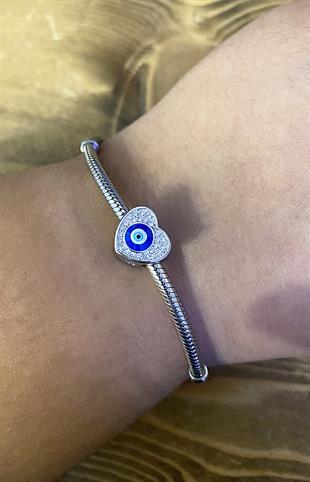 Kadın Kalp Model Nazar Boncuğu Detay Taşlı Gümüş Charm