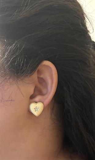 Kadın Kalp Model Yıldız Detay Taşlı Gold Renk Çelik Küpe