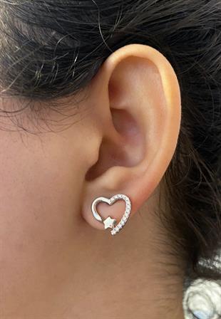 Kadın Kalp ve Kayan Yıldız Model Taşlı Gümüş Küpe