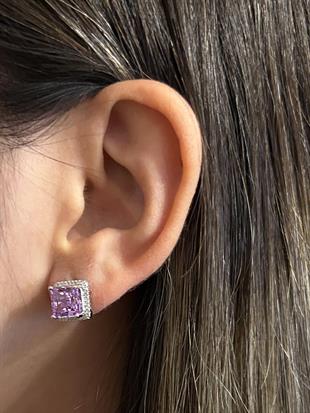 Kadın Kare Mor Taşlı Gümüş Küpe