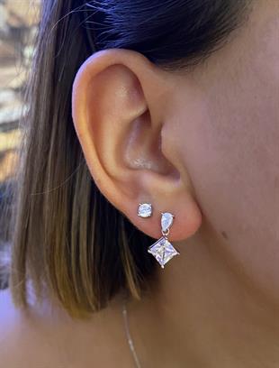 Kadın Kare Taş Detay Sallantılı Gümüş Küpe