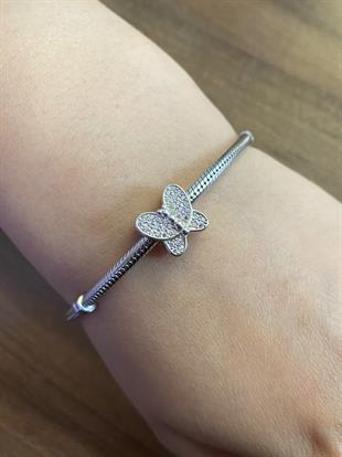 Kadın Kelebek Model Pembe Taş Detay Gümüş Charm