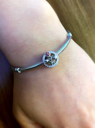 Kadın Kırmızı Gül Desenli Gümüş Charm