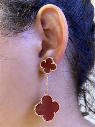 Kadın Kırmızı Renk Yonca Rose Detay İkili Çelik Küpe