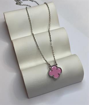 Kadın Koyu Pembe Renk Yonca Model Çelik Kolye