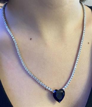 Kadın Lacivert Kalp Model Su Yolu Gümüş Kolye