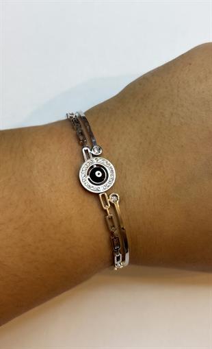 Kadın Lacivert Nazar Boncuğu Detay Çelik Bilezik