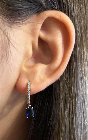 Kadın Mavi Dikdörtgen Taş Detay Gümüş Küpe