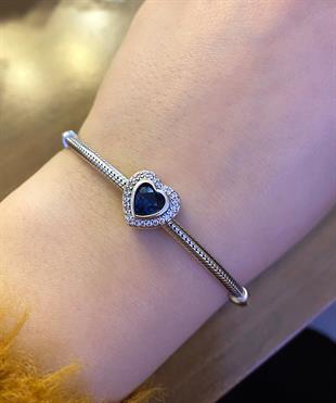 Kadın Mavi Taşlı Kalp Model Gümüş Charm